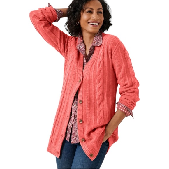 NWT Talbots Coral Pink Cable Knit V-Neck Cardigan Sweater Women’s L Button Front - Picture 1 of 9